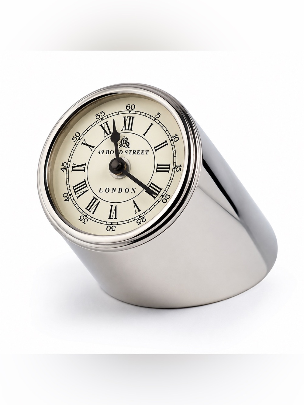 49 Bond Street London Silver Tone Roman Numeral Mantel Desk Clock